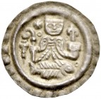 ALTDEUTSCHE MÜNZEN UND MEDAILLEN. REICHENAU, ABTEI. KONRAD VON ZIMMERN, 1234-1255 
Brakteat um 1240, Radolfzell. Über einem Fisch n. r. das Kniebild ...