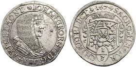 ALTDEUTSCHE MÜNZEN UND MEDAILLEN. SACHSEN-ALB. LINIE, KURFÜRSTENTUM NACH 1547. JOHANN GEORG II., 1656-1680 
Dritteltaler 1674, Dresden. Geharnischtes...