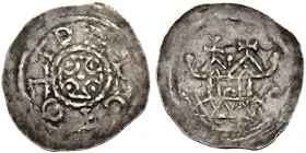 ALTDEUTSCHE MÜNZEN UND MEDAILLEN. VILLINGEN. BERTHOLD I., 1024-1078 
Pfennig. Kreuz mit fünf Punkten, PERCTOLT Rv. Zweitürmige Kirche. 0,80 g. Klein,...