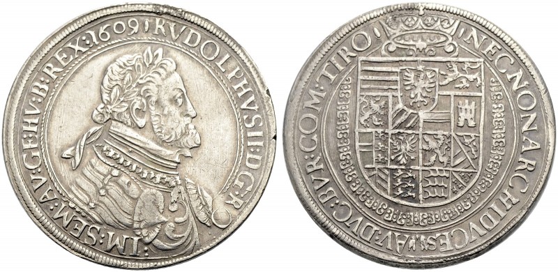 RÖMISCH-DEUTSCHES REICH. RUDOLPH II., 1576-1612 
Taler 1609, Hall. Belorbeertes...