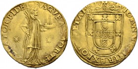 EUROPÄISCHE MÜNZEN UND MEDAILLEN. PORTUGAL, KÖNIGREICH. JOAO III, 1521-1557 
São Vicente zu 1000 Reis o. J., Lissabon. Gekröntes Wappen. Rv. Der steh...