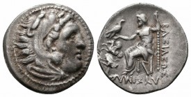 KINGS of THRACE.Lysimachos.305-281 BC.Lampsakos Mint.AR Drachm 

Obverse : Head of Herakles to right, wearing lion skin headdress
Reverse : ΒΑΣΙΛΕΩΣ Λ...
