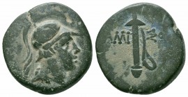PONTOS.Amisos.Mithradates VI.Circa 85-65 BC.Civic Issue.AE Bronze

Obverse : Helmeted head of Ares right 
Reverse : AMIΣOY; sword in sheath

Reference...