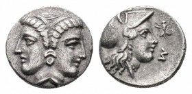 MYSIA.Lampsakos.Circa 390-330 BC.AR Trihemiobol 

Obverse : Female double-head, wearing earring
Reverse : Head of Athena right, wearing Corinthian hel...