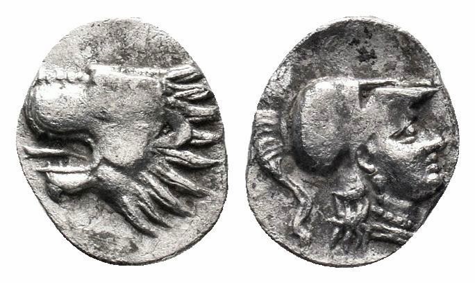 PAMPHYLIA.Side.Circa 370-360 BC.AR Obol 

Obverse : Lion’s head left with open j...