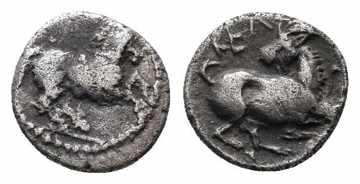 CILICIE.Celenderis.3rd Century BC.AR obol

Obverse : Horse prancing right within...