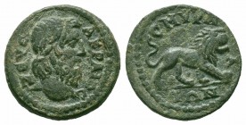 IONIA.Smyrna.Pseudo autonomous.Time of Valerian to Gallienus.253-268 AD.AE Bronze

Obverse : ZEVC AKPAIOC; head of Zeus right
Reverse : CMVPNAIΩN; Lio...