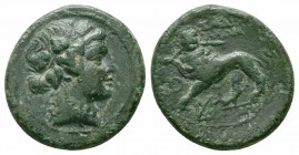 LYDIA.Sardes.Circa 2nd-1st Centuries BC.AE Bronze

Obverse : Head of Dionysos right, wearing ivy wreath
Reverse : ΣΑΡΔΙ AΝΩΝ; horned panther standing ...