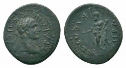 CARIA.Heraclea Salbace .Trajan.98-117 AD.AE Bronze

Obverse : ΤΡΑΙΑΝΟϹ ΚΑΙϹΑΡ; laureate head of Trajan, right
Reverse : ΗΡΑΚΛΕΩΤΩΝ; Heracles naked wal...