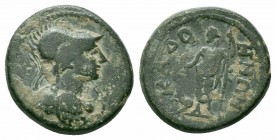 PHRYGIA.Cadi .Pseudo autonomous Issue.2nd Century BC. AE Bronze

Obverse : Helmeted bust of Athena right
Reverse : KAΔO HNΩN; Dionysos standing left, ...