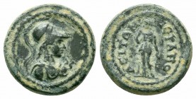 PHRYGIA.Hierapolis .Pseudo autonomous Issue.Circa 100-300 AD.AE Bronze

ObvERSE : Helmeted and draped bust of Athena right, wearing aegis
Reverse : ΙƐ...