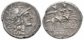 L. JULIUS.141 BC.Rome Mint.AR Denarius

Obverse : Helmeted head of Roma right, XVI behind
Reverse : Dioscuri galloping right, L IVLI below, ROMA in ex...