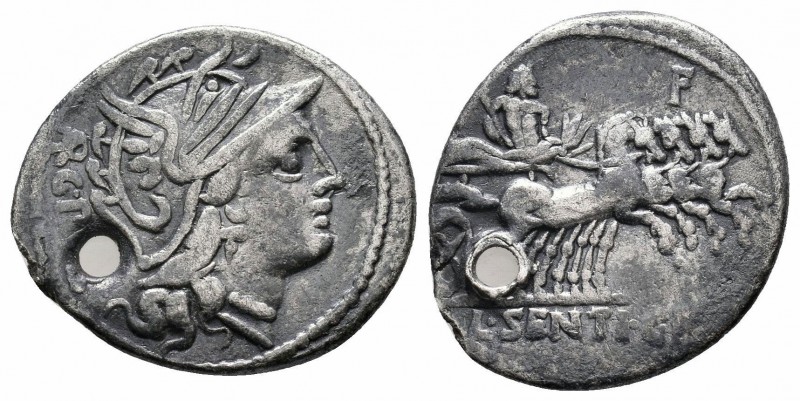 L. SENTIUS.101 BC.Rome Mint.AR Denarius

Obverse : ARG PVB; Helmeted head of Rom...