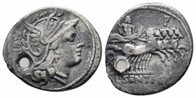 L. SENTIUS.101 BC.Rome Mint.AR Denarius

Obverse : ARG PVB; Helmeted head of Roma right
Reverse : Jupiter driving galloping quadriga right, holding sc...