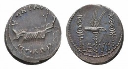 MARK ANTONY. 44-30 BC. AR Denarius

Obverse : ANT AVG III VIR R P C; war galley under oar right with triple ram prow and scepter tied with fillet
Reve...