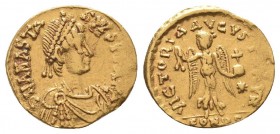 ANASTASIUS I.491-518 AD.Constantinople Mint.AV Tremissis

Obverse : A N ANASTASIVS P P AVG; diademed, draped and cuirassed bust right
Reverse : VICTOR...
