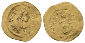 JIUSTINIANUS I.527-565 AD.Constantinopolis Mint.AV Tremissis

Obverse : D N IVSTINIANVS P P AVG; diademed, draped and cuirassed bust right
Reverse : V...