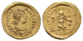 IUSTINIANUS I.527-565 AD.Constantinopolis Mint.AV Tremissis

Obverse : D N IVSTINIANVS P P AVG; diademed, draped and cuirassed bust right
Reverse : VI...