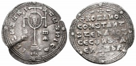 CONSTANTINE VII with ROMANUS I.913-959 AD .Constantinople Mint.AR Miliaresion

Obverse : IҺSUS XRISTUS ҺICA; cross potent with medallion of Romanus fl...