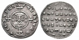 JOHN I ZIMISCES.969-976 AD.Constantinople Mint.AR Miliaresion

Obverse : IҺSЧS XRISTЧS ҺICA; Cross crosslet set on globus above two steps; in central ...