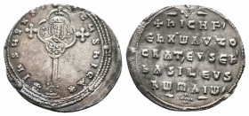 NICEPHORUS II PHOCAS.963-969 AD.Constantinople Mint.AR Miliaresion

Obverse : IҺSЧS XRISTЧS ҺICA; cross crosslet set upon globus above two steps; in c...