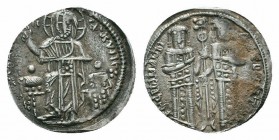 ANDRONICUS II with MICHAEL IX.1282-1328 AD.Constantinople Mint.AR Basilikon

Obverse : BOHQЄI KVPIЄ; christ, nimbate, enthroned and holding Gospels; s...