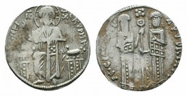 ANDRONICUS II with MICHAEL IX. 1282-1328 AD.Constantinople Mint. AR Basilikon

Obverse : BOHQЄI KVPIЄ; christ, nimbate, enthroned and holding Gospels;...