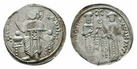 ANDRONICUS II with MICHAEL IX. 1282-1328 AD.Constantinople Mint.AR Basilikon

Obverse : BOHQЄI KVPIЄ; christ, nimbate, enthroned and holding Gospels; ...