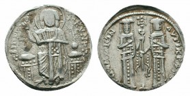 ANDRONICUS II with MICHAEL IX. 1282-1328 AD.Constantinople Mint. AR Basilikon

Obverse : BOHQЄI KVPIЄ; christ, nimbate, enthroned and holding Gospels;...