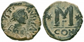 JUSTIN I.518-527 AD.Constantinople Mint.AE Follis

Obverse : DN IVSTINVS PP AVG; pearl diademed, draped, cuirassed bust right
Reverse : Large M, star ...