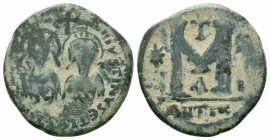 JUSTIN I and JUSTINIAN I.527 AD.Antioch Mint.AE Follis

Obverse : D N D N IVSTINVS ET IVSTINIANVS PP AVG; Diademed, nimbate, draped and cuirassed bust...