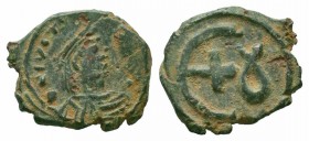 JUSTINIAN I.527-565 AD.Antioch Mint.AE Pentanumummi

Obverse : D N IVSTINIANVS P P AVC; diademed, draped and cuirassed bust right
Reverse : Large E wi...