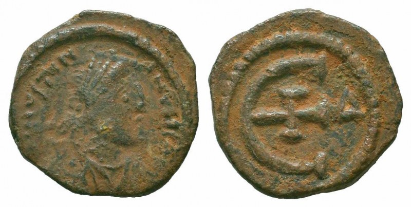 JUSTINIAN I.527-565 AD.Constantinople Mint.AE Pentanummium

Obverse : Obv: DN IV...