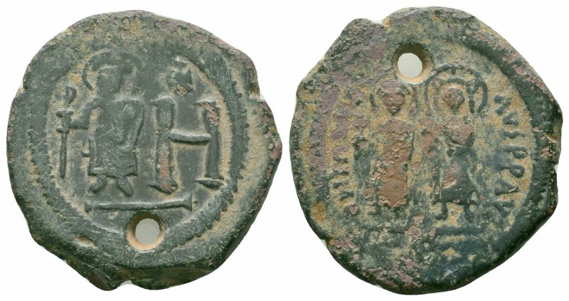 MAURICE TIBERIUS with CONSTANTINA and THEODOSIUS.Cherson Mint. 582-602 AD.AE Fol...
