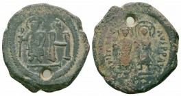 MAURICE TIBERIUS with CONSTANTINA and THEODOSIUS.Cherson Mint. 582-602 AD.AE Follis

Obverse : O N MAVRIC TibЄR P P AVG; Maurice and Constantina stand...