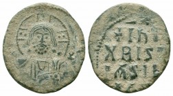 ANONYMOUS.Attributed to Basil II.976-1025 AD.Constantinople Mint. AE Follis

Obverse : +ЄmmA NOVHA, IC XC to left and right of bust of Christ, facing,...