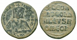 LEO VI.886-912 AD.Constantinople mint.AE Follis 

Obverse : + LEOn bAS-ILEVS ROM; crowned bust of Leo facing, wearing chlamys, holding akakia in left ...