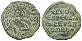 LEO VI.886-912 AD.Constantinople mint.AE Follis 

Obverse : + LEOn bAS-ILEVS ROM; crowned bust of Leo facing, wearing chlamys, holding akakia in left ...