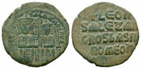 LEO VI.886-912 ad.Constantinople Mint.AE Follis 

Obverse : LEON S ALEXANDROS; Leo on left and Alexander on right, both crowned and wearing loros, sea...