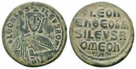 LEO VI.886-912 AD.Constantinople Mint.AE Follis 

Obverse : + LEOn bAS-ILEVS ROM; crowned bust of Leo facing, wearing chlamys, holding akakia in left ...