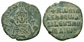 ROMANUS I.920-944 AD.Constantinople Mint.AE Follis

Obverse : + RωmAn? bASILЄVS Rωm; crowned bust of Romanus I facing wearing chlamys; holding transve...
