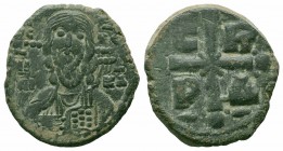 ROMANUS IV.1068-1071 AD.Constantinople Mint.AE Follis

Obverse : IC-XC NI-KA; facing bust of Christ, nimbate, holding book of Gospels
Reverse : C-R P-...