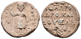 Byzantine lead seal of Ioannes Protoproedros and Doux of Antiocheia.11th cent.

Obverse: Saint martyr Theodoros, standing facial, nimbate, in military...