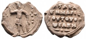 Byzantine lead seal of Katakalon son of (?) Korakes Magistros.11th Cent.

Obverse: Saint martyr George, standing facial, nimbate, in military garments...