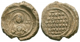 Byzantine lead seal John Patrikios, Praipositos and in Charge of the (imperial) Chamber.11th Cent.

Obverse : Bust of the Mother of God, facial, nimba...