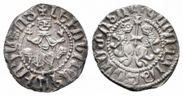 CILICIAN ARMENIA.Levon I.1198-1219.AR Half Tram

Obverse : Levon seated facing on throne decorated with lions, holding cross and lis, with left foot r...
