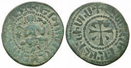 CILICIAN ARMENIA.Hetoum I.1226-1270 AD AE Kardez

Obverse : Hetoum seated facing on throne adorned with lions, holding lis-tipped scepter and globus c...
