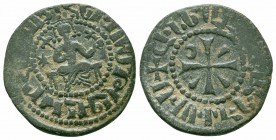 CILICIAN ARMENIA.Hetoum I.1226-1270 AD.AE Kardez

Obverse : Hetoum seated facing on throne adorned with lions, holding lis-tipped scepter and globus c...
