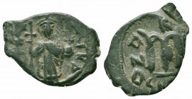 UMAYYAD CALIPHATE.Pseudo Byzantine Type.Imitating the Types of Constans II.Circa 647-670 AD.AE Fals

Obverse : Emperor standing facing, holding long c...