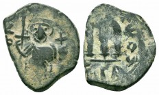UMAYYAD CALIPHATE.Pseudo Byzantine Type.Imitating the Types of Constans II.Circa 647-670 AD.AE Fals

Obverse : Emperor standing facing, holding long c...